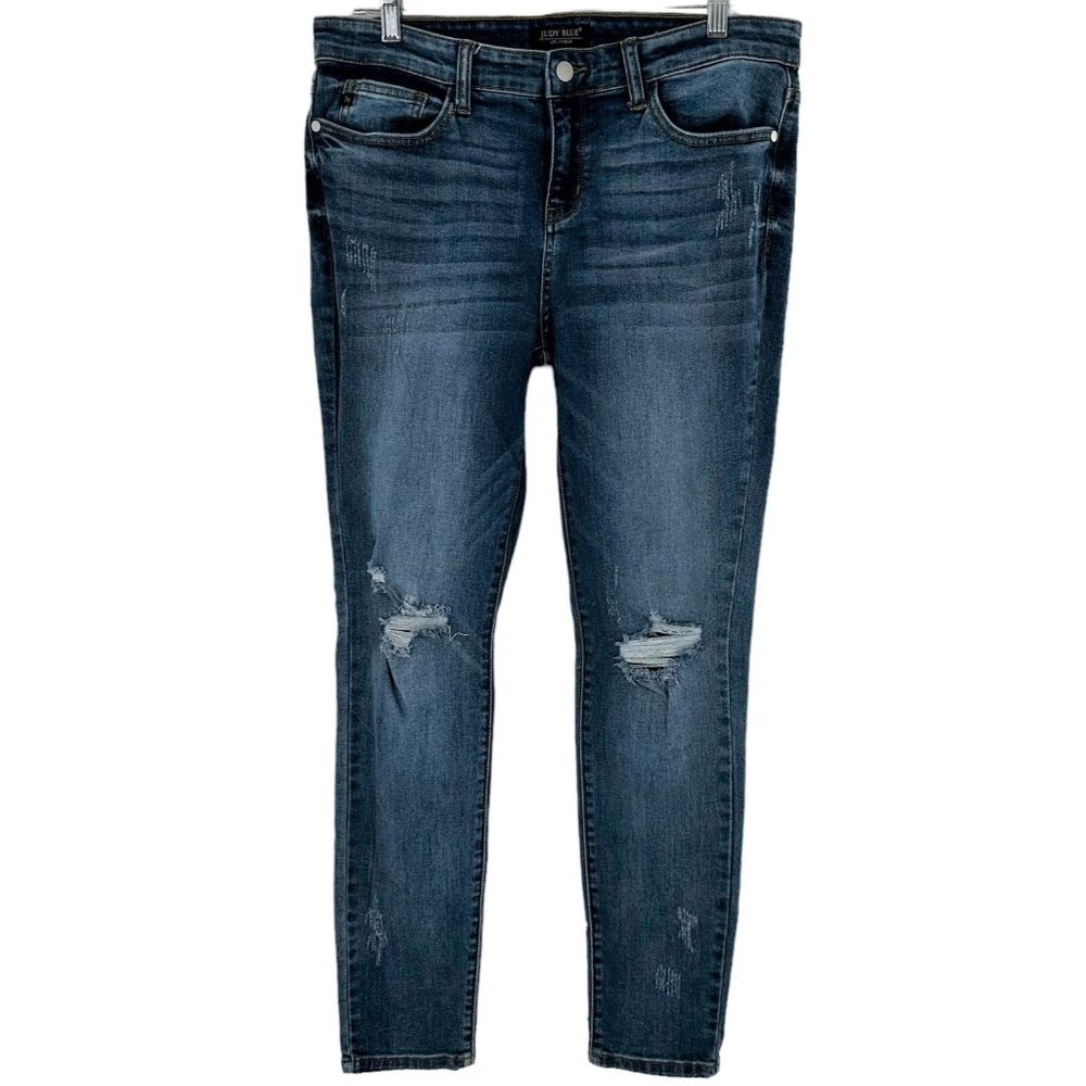 JUDY BLUE Medium Wash Denim Distressed Skinny Fit Jeans Size 13/31